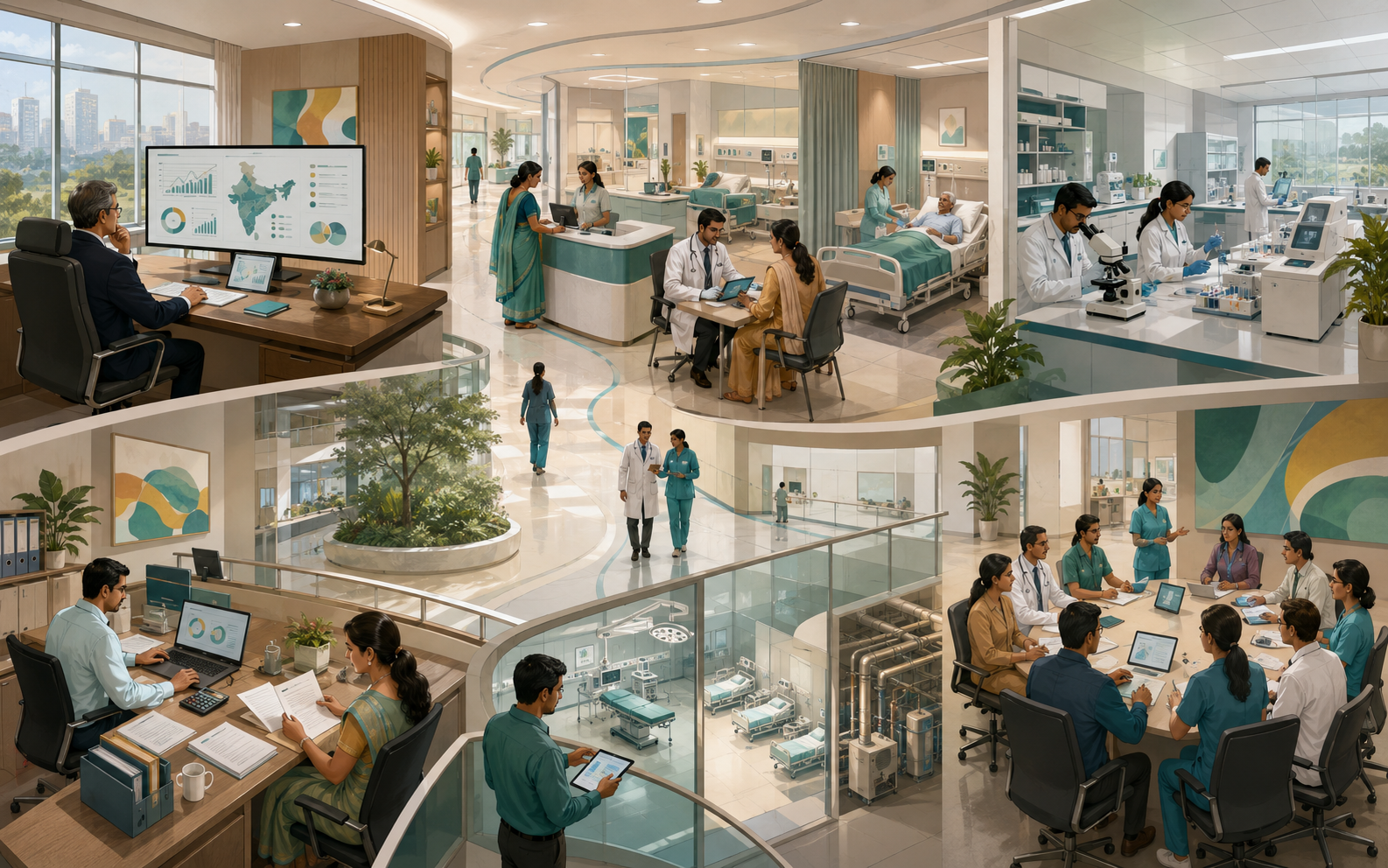 CEO Desk, Patients, Investigations, Finance, Facilities and Team operating across one hospital